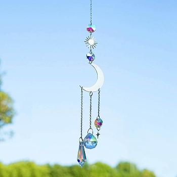 Metal Hanging Suncatchers, Glass Tassel for Home Garden Hanging Ornament, Moon, 430x40mm