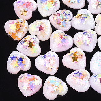 Resin Cabochons, with Paillette, Heart, Creamy White, 12x12x4mm