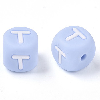 Food Grade Eco-Friendly Silicone Beads, Horizontal Hole, Chewing Beads For Teethers, DIY Nursing Necklaces Making, Letter Style, Cube, Light Sky Blue, Letter.T, 10x10x10mm, Hole: 2mm