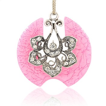 Antique Silver Tone Alloy Resin Flower Pendants, with Crystal Rhinestones, Pearl Pink, 54x53x9mm, Hole: 3mm