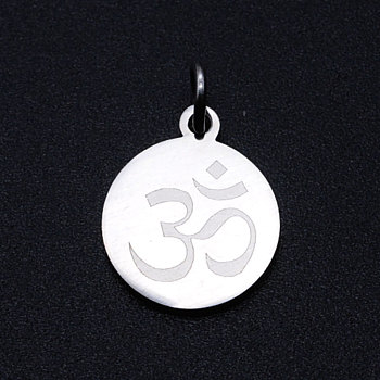 Chakra 201 Stainless Steel Charms, with Jump Rings, Flat Round with Om Symbol, Stainless Steel Color, 14.5x12x1mm, Hole: 3mm