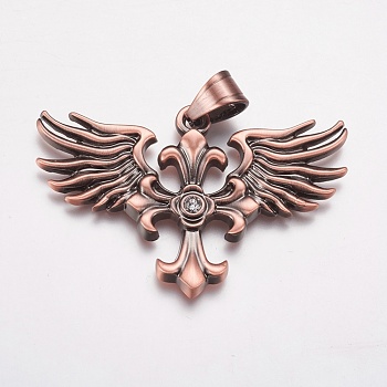 304 Stainless Steel Big Pendants, with Rhinestone, Wing with Cross, Crystal, Red Copper, 58x38x4mm, Hole: 7x9mm