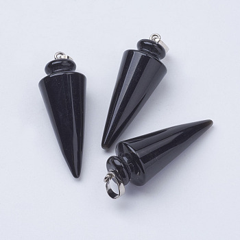 Natural Black Agate Pendants, with Platinum Tone Brass Findings, Cone/Spike/Pendulum, 43~45x16mm, Hole: 5x7mm
