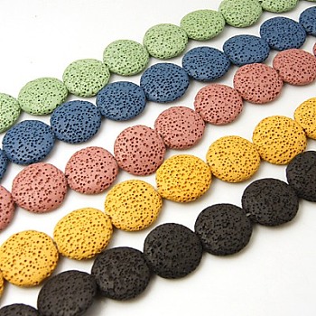 Natural Lava Rock Beads Strands, Dyed, Flat Round, Mixed Color, 21x6mm, Hole: 1mm