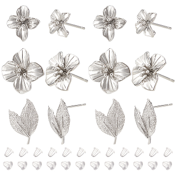 12Pcs 3 Style Brass Stud Earring Findings, with 925 Sterling Silver Pin and Vertical Loops, Flower & Leaf, with 30Pcs Plastic Ear Nuts, Platinum, 11~15x10~15mm, Hole: 0.9~2mm, Pin: 0.5~0.9mm, 4Pcs/style