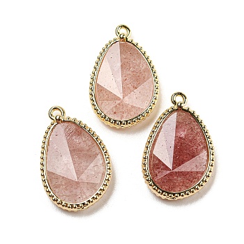 Natural Strawberry Quartz Faceted Pendants, Rack Plating Golden Plated Brass Teardrop Charms, 23x15x4~4.5mm, Hole: 1.4mm