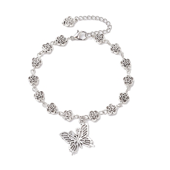 Tibetan Style Alloy Charm Bracelets, with Flower Link Chains, Butterfly, 7-1/8 inch(18.2cm), Butterfly: 19.5x19mm