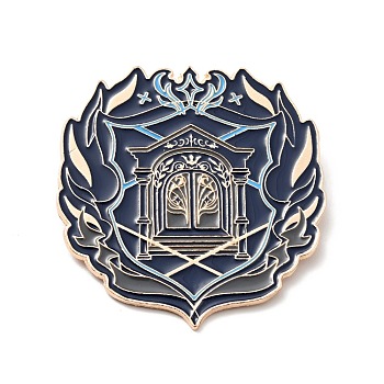 Leaf and Gate Enamel Pin, Academy Theme Alloy Badge for Backpack Clothes, Rose Gold, Marine Blue, 50.5x48.5x1.5mm