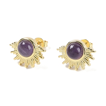 Natural Amethyst Stud Earrings, with Golden Tone Rack Plating Brass Findings, Sun, 14.6x10.9mm