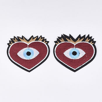 Computerized Embroidery Cloth Iron on/Sew on Patches, Appliques, Costume Accessories, Heart with Evil Eye, Red, 64x67x1mm
