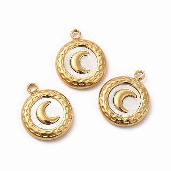 Natural White Shell Flat Round Charms, with Vacuum Plating 304 Stainless Steel Findings, Moon Pattern, Golden, 16x13x3mm, Hole: 1.8mm