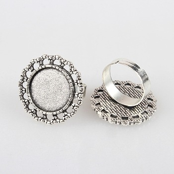 Vintage Adjustable Iron Flower Finger Ring Components Alloy Cabochon Bezel Settings, Cadmium Free & Lead Free, Antique Silver, Flat Round Tray: 16mm, 17mm