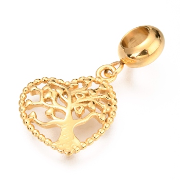 Ion Plating(IP) 304 Stainless Steel European Style Dangle Charms, Large Hole Pendants, Heart with Tree, Golden, 27mm, Hole: 4.5mm, Pendant: 17.5x15x3mm
