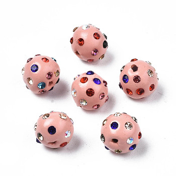 Polymer Clay Rhinestone Beads, Pave Disco Ball Beads, Round, Pink, PP15(2.1~2.2mm), 9~10.5x9mm, Hole: 1.2mm