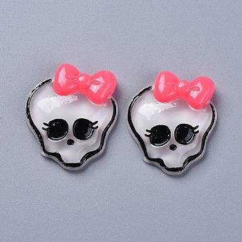 Halloween Theme Opaque Resin Cabochons, with  Bowknot, for Jewelry Making, Skull, Flat Back, White, 27.5x23.5x6.5mm