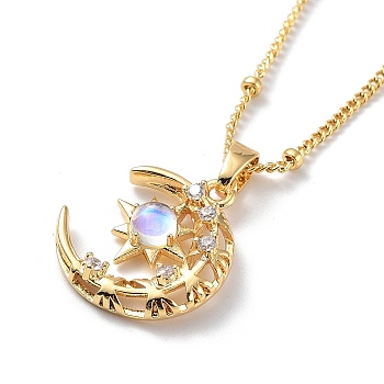 Moon Brass Micro Pave Cubic Zirconia Pendant Necklaces, with Glass for Women, Light Gold, 17.52 inch(445mm)
