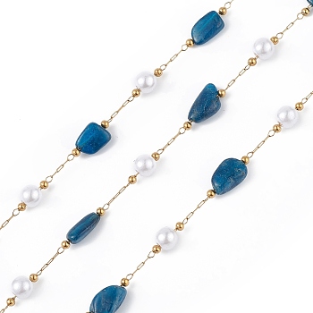 Natural Lapis Lazuli Nugget & Glass Imitation Pearl Beaded Chain, with Golden 304 Stainless Steel Satellite Chains, Unwelded, with Spool, 5~12x4~8x4~7mm, 6x5mm, 2.5x2mm, about 32.81 Feet(10m)/Roll