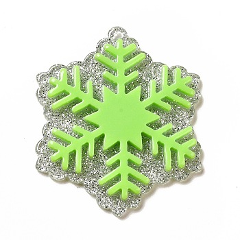 Acrylic Pendants, with Glitter Powder, Snowflake Charm, Yellow Green, 45x38x4mm, Hole: 1.4mm