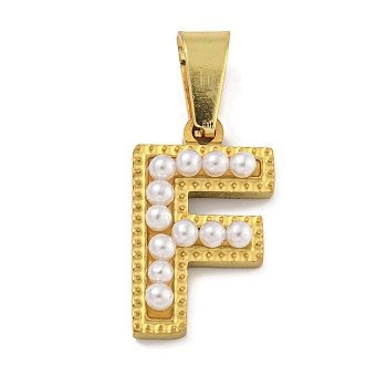 Ion Plating(IP) 304 Stainless Steel Pendants, with ABS Imitation Pearl, Letter F, 17x10.5x3.5mm, Hole: 6x3mm