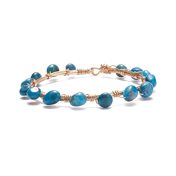 Natural Apatite Braided Beaded Bracelet, Copper Wire Wrap Gemstone Jewelry for Women, Light Gold, 8-1/8 inch(20.6cm)