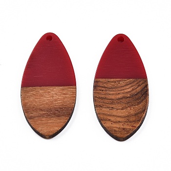 Opaque Resin & Walnut Wood Pendants, Teardrop Shape Charm, Dark Red, 38x18x3mm, Hole: 2mm