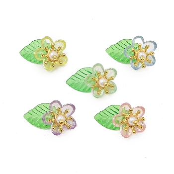 5Pcs Acrylic Pendants, with Golden Brass Findings & Imitated Pearl Acrylic Beads, Flower with Leaf, Mixed Color, 11x19x12mm, Hole: 2.5mm, 5pcs/set