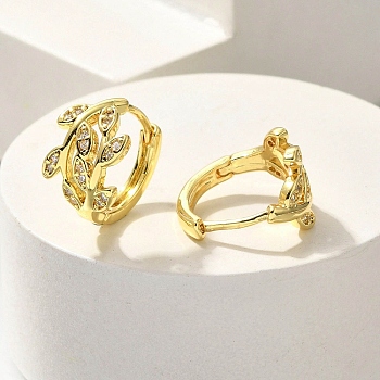 Brass Clear Cubic Zirconia Hoop Earrings, Leaf, Real 18K Gold Plated, 14x9.5mm