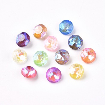 Faceted Glass Pointed Back Rhinestone Cabochons, Mocha Fluorescent StyleFlat Round, Mixed Color, 6x4mm