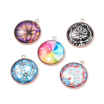 Glass Pendants, with 304 Stainless Steel Pendant Cabochon Setting, Flat Round, Rose Gold, 30x26x6mm, Hole: 2.3mm