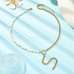 304 Stainless Steel Cable Chain Tassel Natural Pearl Rice Beaded Lariat Necklaces, White, Golden, 17.13 inch(43.5cm)(NJEW-JN06218)