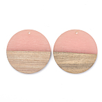 Resin & Walnut Wood Pendants, Flat Round, Light Salmon, 38~39x4mm, Hole: 1.8mm(RESI-T023-10C)