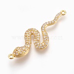 Brass Micro Pave Cubic Zirconia Links, Long-Lasting Plated, Snake, Lead Free & Nickel Free & Cadmium Free, Clear, Real 18K Gold Plated, 39x13.5x3mm, Hole: 1.2mm(ZIRC-O026-12G-NR)