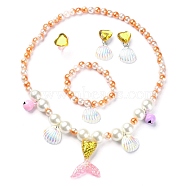 Plastic & Resin Bead Jewelry Set for Kids, including Shell & Mermaid Tail Pendant Necklaces & Charm Bracelets, Heart Finger Rings & Clip-on Earring, Orange, Necklace: 18-1/2 inch(47cm), Earring: 38x20mm, Inner Diameter: Bracelet: 1-5/8 inch(4.2cm), Ring: 15mm(SJEW-F221-02)