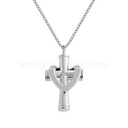 Stainless Steel Cross Cremation Urn Pendant Necklaces, Perfume Bottle Pendant Necklaces, Stainless Steel Color, 19.69 inch(50cm), Cross: 39x22mm(BOTT-PW0009-001P)