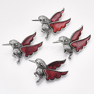 Shell Brooches/Pendants, with Resin Bottom and Alloy Findings, Bird, Antique Silver, Red, 31~32x53.5x12~12.5mm, hole: 6x3mm, Pin: 0.7mm(RESI-S376-19C)