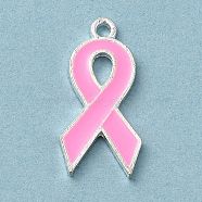 Breast Cancer Pink Awareness Ribbon Theme Alloy Enamel Pendants, Silver, Awareness Ribbon, 23x11x1.7mm, Hole: 1.5mm(ENAM-A147-01L)