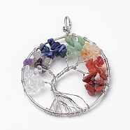 Natural Mixed Stone Big Pendants, with Brass Findings, Flat Round with Tree of Life, Platinum, 64x50~52x7mm, Hole: 5x4mm(G-S271-24A)
