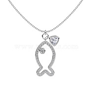 Rhodium Plated Summer Beach 925 Sterling Silver Micro Pave Clear Cubic Zirconia Cable Chain Fish Outline Pendant Necklaces, Real Platinum Plated, 16.42 inch(41.7cm)(NJEW-Q342-11P)