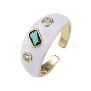 Cubic Zirconia Open Cuff Ring with Enamel, Real 18K Gold Plated Brass Jewelry for Women, Nickel Free, White, US Size 6 3/4(17.1mm)(RJEW-N035-128E)