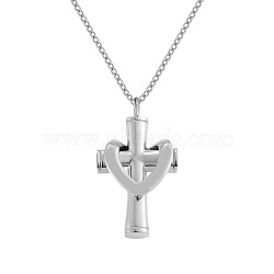 Stainless Steel Cross Cremation Urn Pendant Necklaces, Perfume Bottle Pendant Necklaces, Stainless Steel Color, 19.69 inch(50cm), Cross: 39x22mm(BOTT-PW0009-001P)