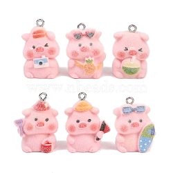 Flocking Opaque Resin Pendants, Pig Charm, with Platinum Iron Loop, Pink, 25~28x18~22x15~16mm, Hole: 2mm(RESI-D024-02P)