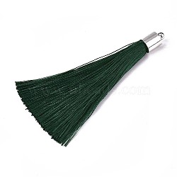 Fiber Tassel Big Pendant Decorations, with Platinum Plated Brass Finding, Dark Green, 70~73x7~25mm, Hole: 1.8mm(X-FIND-R085-004)