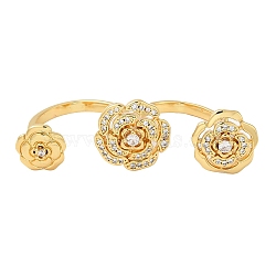 Brass Double Finger Rings, Open Cuff Rings, Cubic Zirconia Peony Flower Ring for Women, Real 18K Gold Plated, 3mm, Inner Diameter: 16mm & 18mm(RJEW-Q778-56G)
