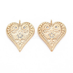 Brass Micro Pave Clear Cubic Zirconia Pendants, Nickel Free, Heart, Real 18K Gold Plated, 22x19x3mm, Hole: 1.2mm(X-KK-S364-029)