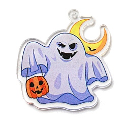 Halloween Theme Printed Acrylic Pendants, Ghost, 36.5x33x1.5mm, Hole: 1.5mm(OACR-P026-B06)