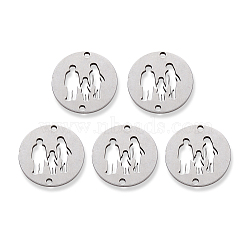 201 Stainless Steel Links, Flat Round Human, with Family of Three People Holding Hands Pattern, Stainless Steel Color, 15x1mm, Hole: 1.2mm(X-STAS-R107-10)