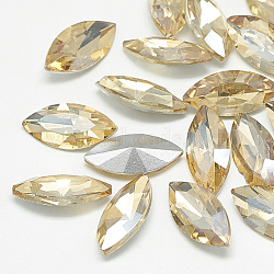 Pointed Back Glass Rhinestone Cabochons, Back Plated, Faceted, Horse Eye, Light Colorado Topaz, 15x7x4mm(RGLA-T083-7x15mm-06)