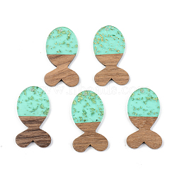 Transparent Resin & Walnut Wood Pendants, with Gold Foil, Fish, Pale Turquoise, 38x22x3mm, Hole: 2mm(RESI-S389-053A-B02)