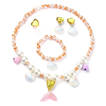 Plastic & Resin Bead Jewelry Set for Kids, including Shell & Mermaid Tail Pendant Necklaces & Charm Bracelets, Heart Finger Rings & Clip-on Earring, Orange, Necklace: 18-1/2 inch(47cm), Earring: 38x20mm, Inner Diameter: Bracelet: 1-5/8 inch(4.2cm), Ring: 15mm