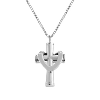 Stainless Steel Cross Cremation Urn Pendant Necklaces, Perfume Bottle Pendant Necklaces, Stainless Steel Color, 19.69 inch(50cm), Cross: 39x22mm